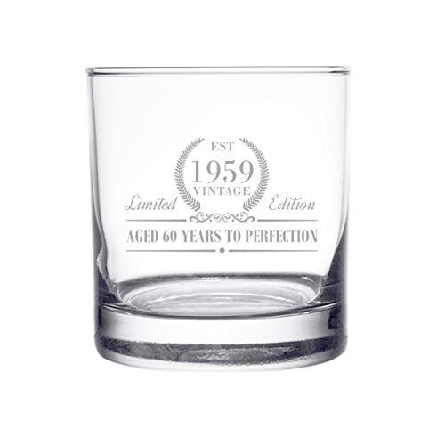 1959 Vintage Edition Birthday Whiskey Scotch Glass (60th Anniversary) 11 oz- Elegant Happy Birthday Old Fashioned Whiskey Glasses- Classic Lowball Rocks Glass- Cool Birthday Gift, Reunion Gift