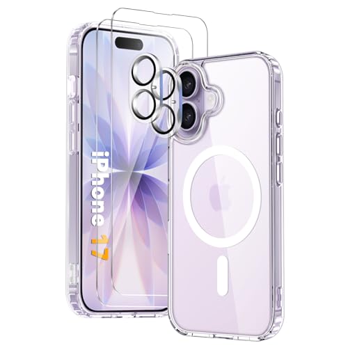 Vuletc Magnetic Case for iPhone 17 with 2 Tempered Glass and 2 Protective Camera, Compatible with MagSafe, Magnetic Anti-Yellow Shockproof Anti-Scratch PC Back and TPU Bumper Case, Transparent