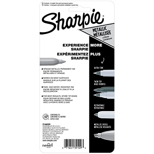 SHARPIE 39109PP Metallic Permanent Markers, Fine Point, Silver, 4 Count
