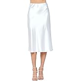 Women Solid High Waist Silky Casual Elastic Satin Midi Skirt - Made in USA(X-Small,Ivory)