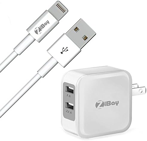 ZiBay 7 Lightning Cable 5 ft., Plus a 3.1A 5W Dual USB Travel Wall Charger with a Foldable Plug for iPhone 7, 6/6s, 5/5s, iPad Minis, iPad Airs, iPod Touch, iPods, White