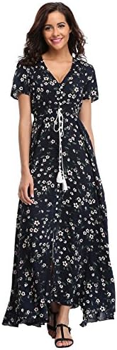 Ferrendo Womens Button Up Split Floral Print Short Sleeve Bohemian Beach Maxi Dress