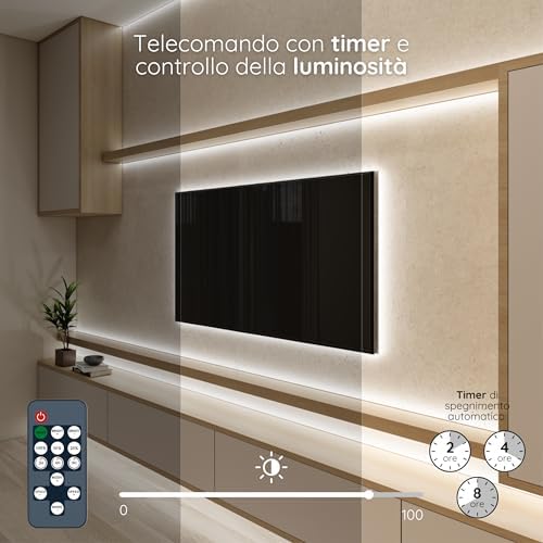 Striscia LED COB 5 Metri Bianco Freddo, Luci LED Strisce Sottopensile Cucina, Camera e TV Light Strip. Luce Interne Adesive Dimmerabili, 480LED/m, 6500K. Include Telecomando, Trasformatore 24V