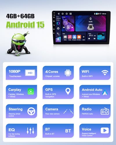 CAMECHO [4+64G] Android 15 Carplay Car Radio for Renault Trafic 3 2014-2021/Opel Vivaro B 2014-2018, Nav Carplay Android Auto, 9'' Touch Screen Bluetooth Radio Link Mirror WiFi FM/RDS EQ+Camera