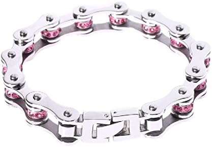 Stainless Steel Motorcycle Bike Chain Bracelet Rock Link Wristband with Rhinestones For Women Men's 7 Colors (Silver Purple)