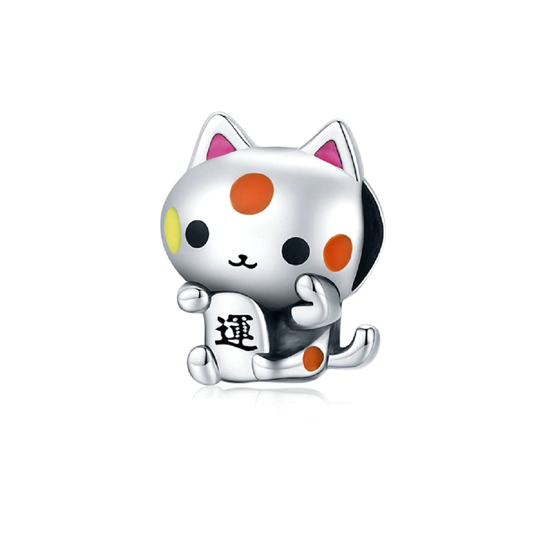 FeatherWish Sterling Silver 925 Charm Lucky Cat Fortune Chinese Charm Kitten Pet Animal Family Travel Bead With Enamel Compatible With Pandora Bracelets Gift Friend Wife Mum (Lucky Fortune)