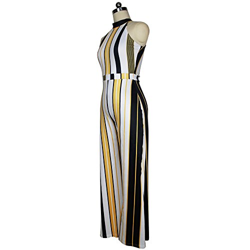 Women's Sleeveless Jumpsuit Turtleneck Stripes Playsuit High Waist Flared Jumpsuits Rompers Pant(Yellow,M)