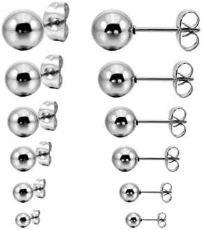 Wening 316L Surgical Stainless Steel Round Ball Studs Earrings 6 Pair Set Assorted Sizes (Silver)