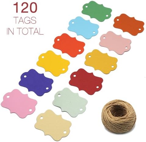 ZapFirst 120 PCs Fancy Frame Gift Tags with Free 120 Feet Hemp Rope (Assorted colors)