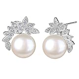 EleQueen 925 Sterling Silver CZ AAA Button Cream Freshwater Cultured Pearl Leaf Bridal Stud Earrings (10mm)