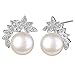 EleQueen 925 Sterling Silver CZ AAA Button Cream Freshwater Cultured Pearl Leaf Bridal Stud Earrings (10mm)
