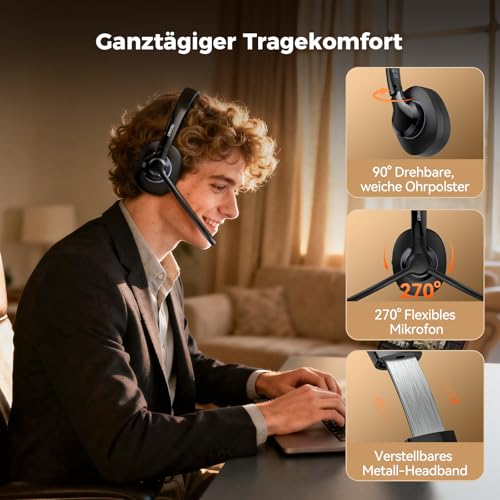 TECKNET V6.0 Bluetooth Headset with Microphone, Wireless Headset with AI Noise Cancelling Bluetooth Wireless Headphones PC On Ear with USB-C Receiver Office/Trucker/Call Centre - 50+ Hours Battery