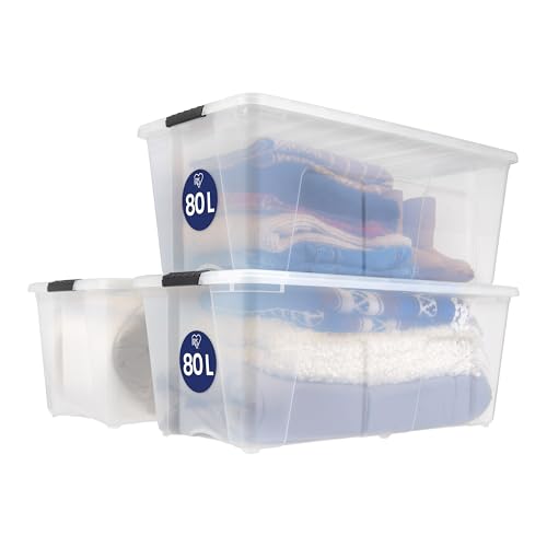Iris Ohyama, Große Aufbewahrungsbox aus Kunststoff mit Deckel, 80L, 3er-Set, Transparent, Verschlussclips, Tragegriff, stapelbar, tragbar, robust & la