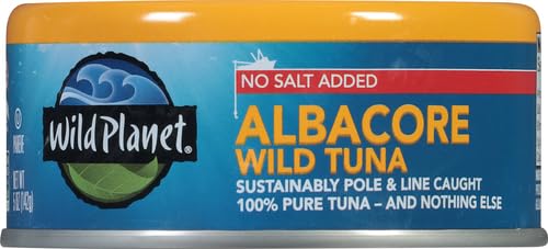 WILD PLANET WILD ALBACORE TUNA,NO SALT ADDED, CANNED TUNA, SUSTAINABLY WILD-CAUGHT, POLE & LINE, NON-GMO, KOSHER 5 OZ