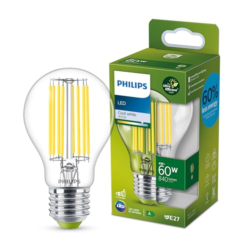 Philips ampoule LED Ultra Efficient Classe A, 60W, culot E27, blanc froid 4000K, transparente, verre