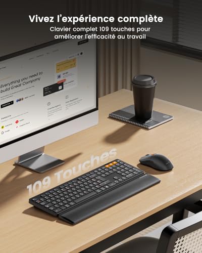 ProtoArc KM60 Rechargeable Wireless Keyboard Mouse Pack with Wrist Rest, Full Size, 2.4G + 2 x Bluetooth, for Laptop, PC, Mac, Windows, French AZERTY – Black