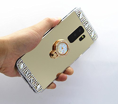 Galaxy S9 Plus Case,Lozeguyc Crystal Rhinestone Mirror Glass Case Bling Diamond Soft Rubber Makeup Case for Samsung Galaxy S9 Plus with Detachable 360 Degree Ring Stand--Gold