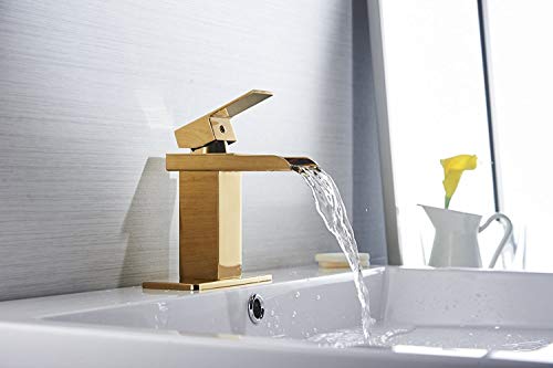 Bathfinesse Bathroom Sink Faucet Waterfall Spout Single Handle One Hole Lavatory Gold