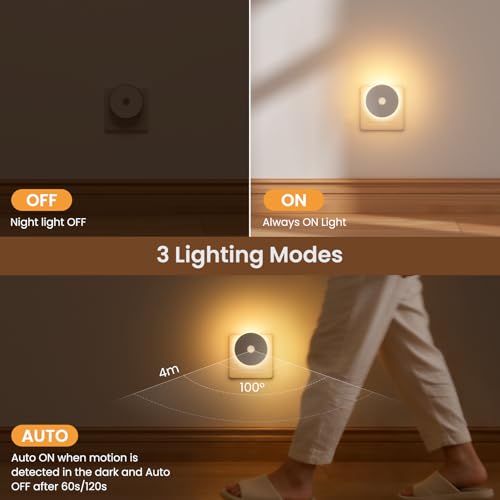 Children's Night Light 2 Pcs, LED Night Light with Motion Sensor, Plug-in Night Lamp Adjustable Brightness, 3 Modes (AUTO/ON/OFF), Night Light for Kids/Stairs/Bedroom- Warm White