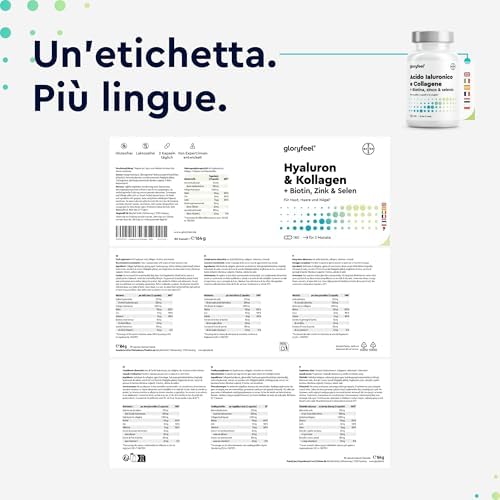 Collagene e Acido Ialuronico Integratore 180 Capsule, + Vitamina C, Biotina, Zinco e Selenio, 1000mg Collagene Idrolizzato + 200mg Acido Ialuronico con Bambù & Silicio