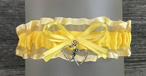 SEXY Yellow Satin Organza Wedding Keepsake Bridal Garter - Double Heart Charm