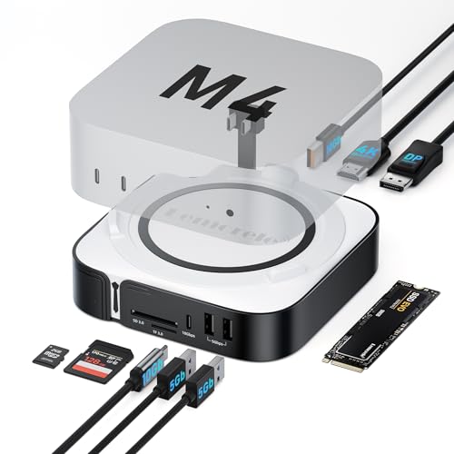 Lemorele Mac Mini M4 Dock with DisplayPort 4K@60Hz for Dual Monitor Configurations, 4 USB 3.2/3.0 Ports, M.2 NVMe 10Gbps SSD Slot, SD/TF Card Reader with Mac Mini M4/M4 Pro