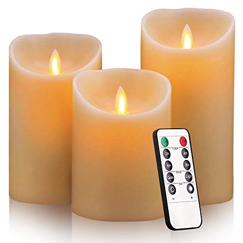 Flameless Candles, 4" 5" 6" Set of 3 Real Wax Not Plastic Pillars, Include Realistic Dancing LED Flames and 10-Key Remote Control with 2/4/6/8-hours Timer Function,300+ Hours (3X1)