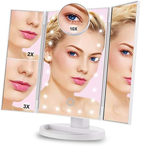 LED Makeup Mirror, Cosmetic Mirror with Tri-Fold 1X 2X 3X 10X Magnification, Makeup Vanity Mirror with 22 LED Lights, 180° Adjustable Rotation, Dual Power Supply, Touch Screen (White)