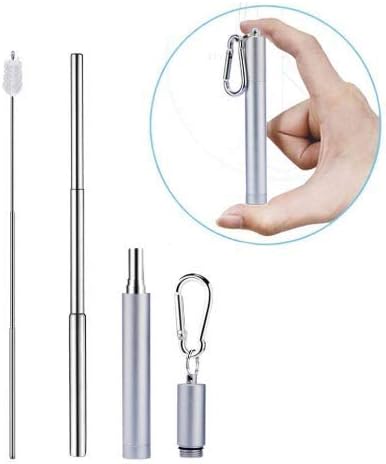 [Updated] Portable Collapsible Reusable Straws - Telescopic Stainless Steel Metal Travel Straw Drinking with Case, Cleaning Brush and Keychain, by Huameilong, Silver