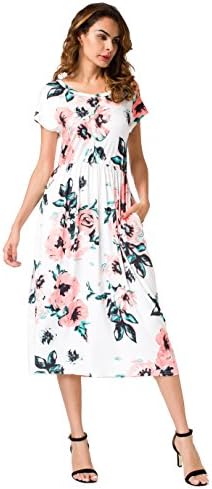 OQC Women's Floral Print 3/4 Sleeve Pockets Summer Casual Party Long Maxi Dress