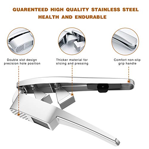 Garlic Press, 2 in 1 Garlic Mince and Garlic Slice with Garlic Cleaner Brush and Silicone Tube Peeler Set- Aluminum Alloy Garlic Crusher and Slicer- Durable and Easy to Clean