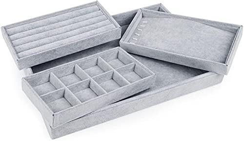 Oirlv 4 in 1 Velvet Jewellery Tray Stackable Jewellery Drawer Storage Tray Ring Organiser for Earrings Rings Necklace Pendants Organiser and Display
