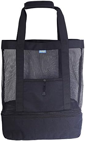 Large Mesh Beach Tote Bag with Insulated Cooler Bag (balck)