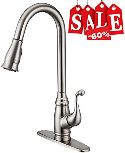 Kitchen Sink Faucets with Sprayer, Lead-free Single Handle High Arc Brushed Nickel Kitchen Faucet with Escutcheon, Pull Down Kitchen Faucets With Deck Plate