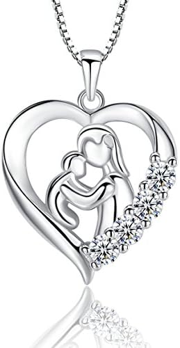 Sterling Silver Mother and Child Necklace, Heart Mom & Daughter & Son Pendant Jewelry for Women, 18"