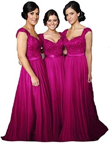 Fanciest Women' Cap Sleeve Lace Bridesmaid Dresses Long Wedding Party Gowns