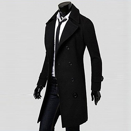 GREFER New Winter Men Slim Stylish Trench Coat Double Breasted Long Jacket Parka (L, Black)