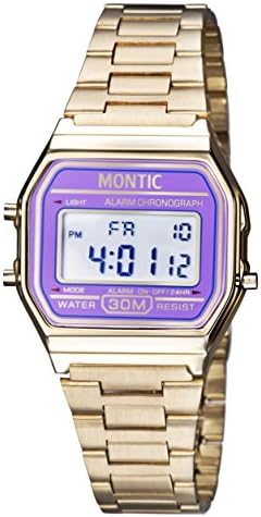MonticVintage Gold Metal Band Illuminating Chronograph Alarm Watch with Purple Dial