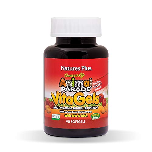 NaturesPlus Animal Parade Source of Life VitaGels With Whole Food Concentrates - Cherry Flavor - 90 Softgels - Multivitamin + Mineral Supplement - Gluten-Free, Vegetarian, Hypoallergenic - 45 Servings