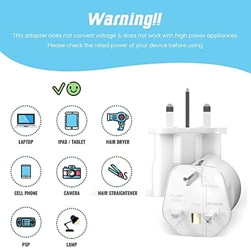 Casoter EU To UK Plug Adapter With Fuse 2 Pin Plug Adapter To 3 Pin 13A Fused 250V Grounded Travel Adapter Continental Type C E F To Type G White Pack Of - View #6