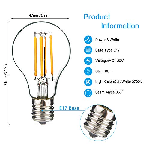 Haian E17 Base Filament Dimmable Edison LED Bulb(6 Pack),8W 800LM 75W