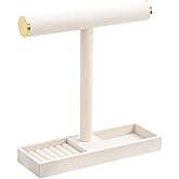 KunGe Necklace Display Holder, Bracelet Organizer Stand with Earrings Tray and Metal Lid, Jewelry Scrunchie Watches Tray Rack for Women Home Desk (Beige)