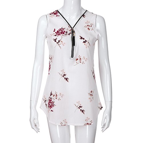 Women Tops Summer Casual Zipper Tassel Sleeveless Vest Top Printed Hollow Flower Vest Top Blouse White - Thumbnail 3