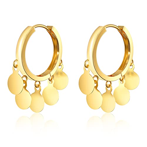 UHIBROS Gold Huggie Hoop Earrings for Women, 14K Gold Plated Earrings Round Wafers Dangle Hoop Earrings Tassel Earrings Dainty Hypoallergenic Jewelry Gift for Women Girls