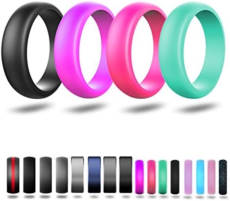 Silicone Wedding Ring For Women,Affordable Rubber Wedding Bands,4 Pack-5.5mm Wide(2mm Thick),Black,Turquoise,Purple,Rose Red