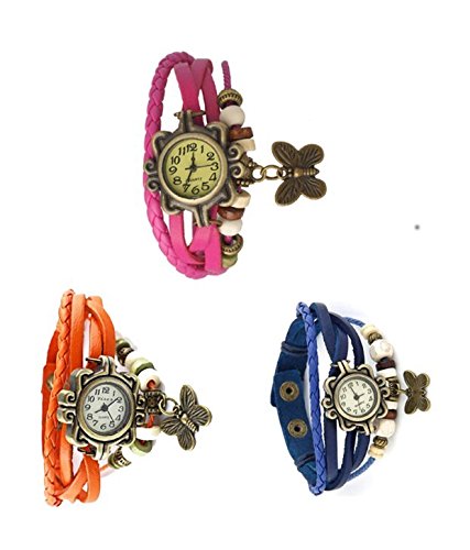 Felizo Butterfly Latkan Analogue Round Dial Leather Women's Watch (Pink , Orange and Blue) -Combo Pack of 3