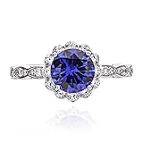 GemsChest Sterling Silver 2 Ct Round Shaped Created Blue Sapphire & Cubic Zirconia Halo Ring