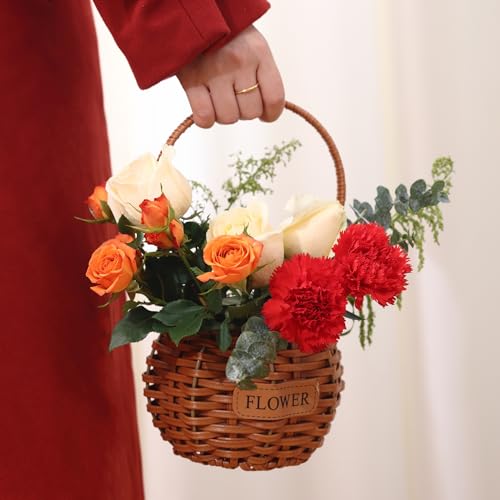 Set of 4 Flower Basket with Handle, QENUIITEA Imitation Rattan Woven Picnic Basket with Plastic Waterproof Lining, Flower Girl Baskets for Wedding Valentine\'s Day, Storage Basket for Home Decor