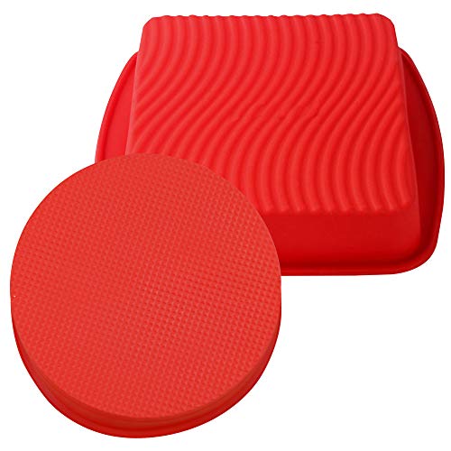Set of 2, Silicone Cake Baking Pan, findTop Square Shape 8.5 Inch Cake Mold and 9 Inch Round Shape Non-Stick Bakeware Mold, Red