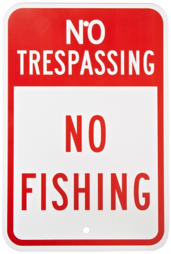 SmartSign Aluminum Sign, Legend "No Trespassing No Fishing" with Graphic, 18" high x 12" wide, Red on White